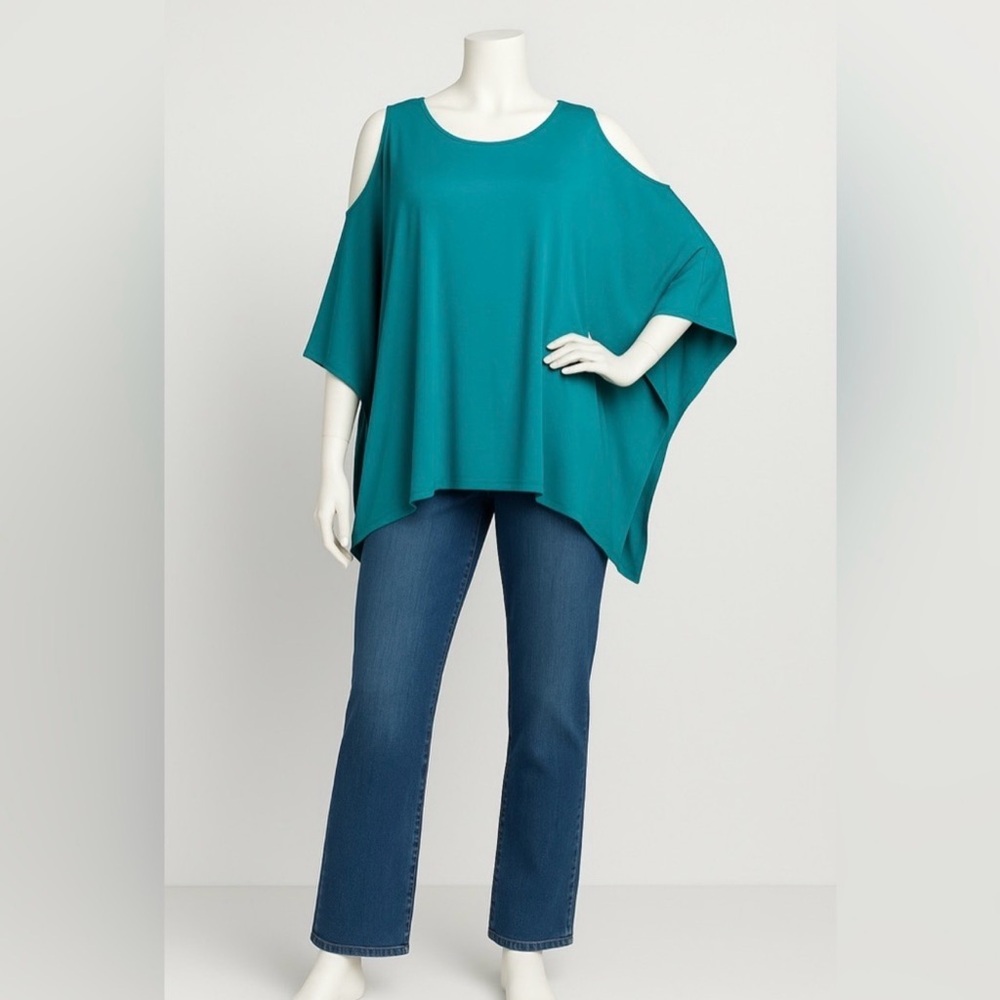 NENE by NeNe Leakes Teal Asymmetrical Cold Shoulder Poncho Tunic Top Size M - Picture 2 of 6
